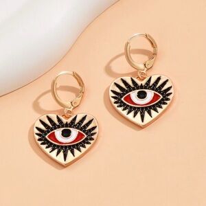 Gold Heart Evil Eye Drop Earrings with Black and Red Enamel